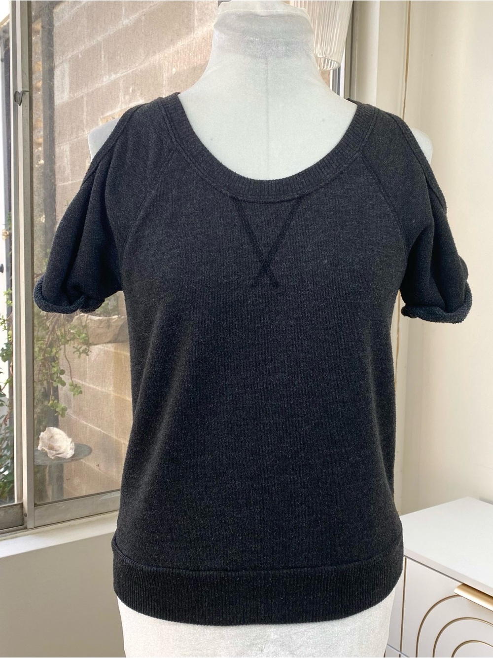 Alternative Apparel Cold Shoulder French Terry Sweatshirt Top Charcoal Gray, M - Picture 2 of 9